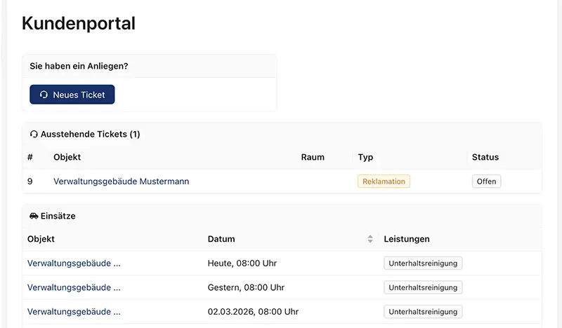 GDK-Kundenportal: Dashboard mit Übersicht über Tickets, Einsätze und Rechnungen – Beispieldarstellung