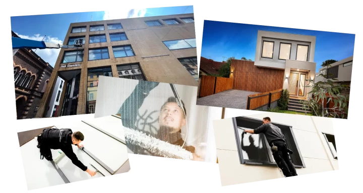 Collage mit Fensterfronten und Fensterreinigung