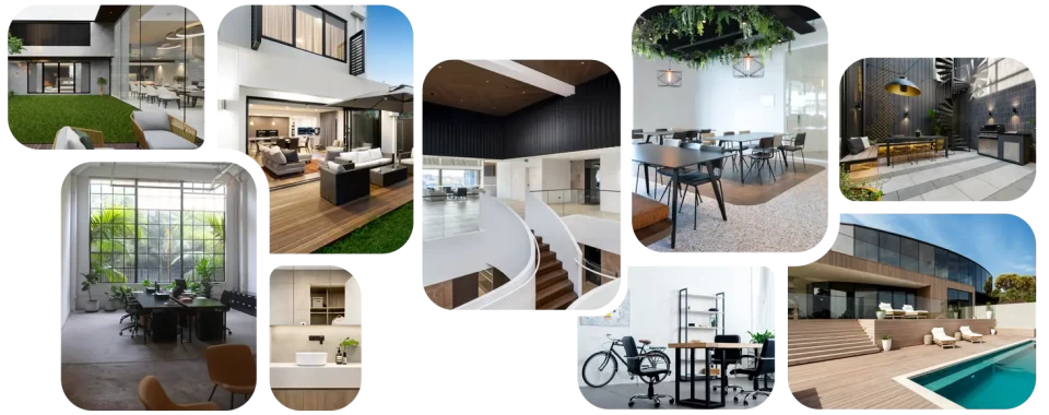 Collage mit Gebäuden, Innenräumen und Reinigungsarbeiten